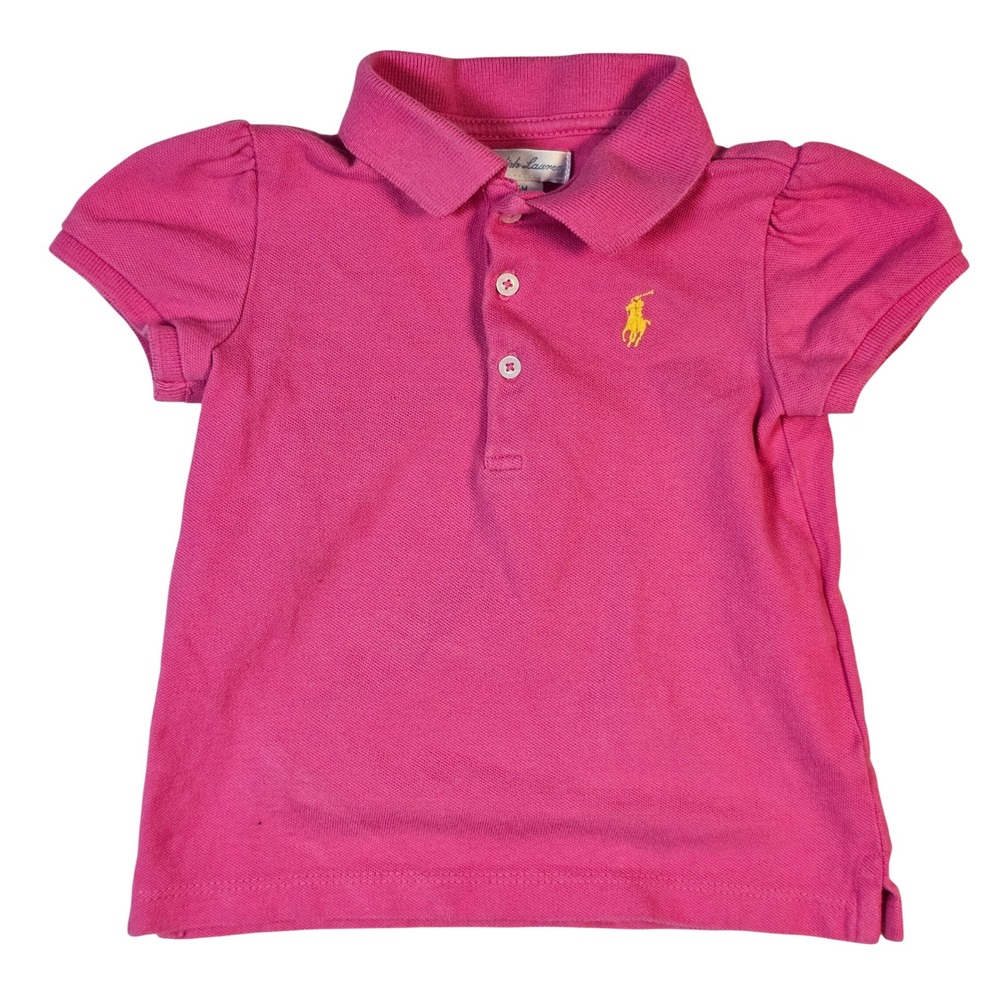 Ralph Lauren Girls Pink Short Sleeve Puff Sleeve Polo Shirt 24M Yellow Pony
